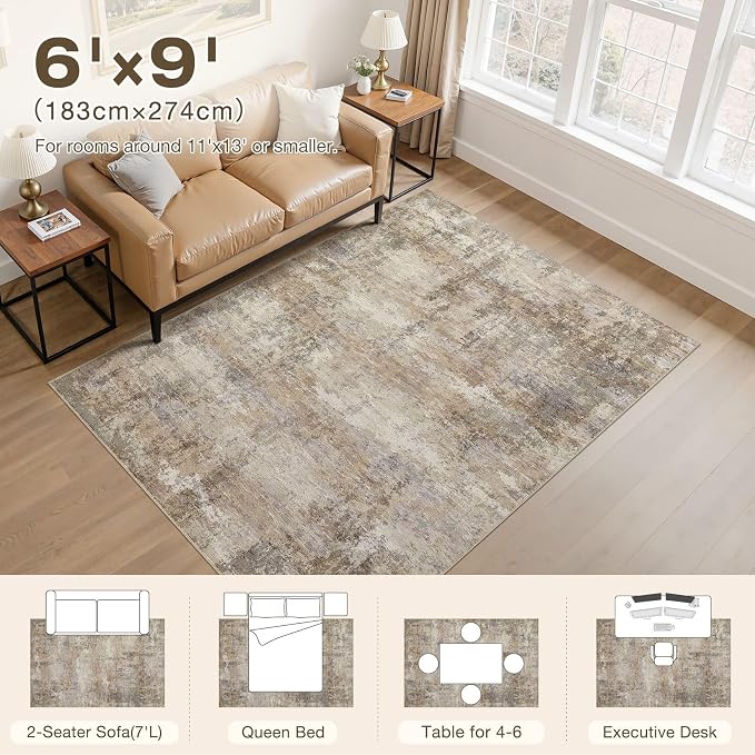 6x9 Area Rug, Non Slip Low Pile Washable Large Rug for Living Room | Soft Neutral Modern Abstract Carpet, Kid & Pet Friendly, Made for Dining Room, Nursery, Home Office Indoor - Dark Brown
