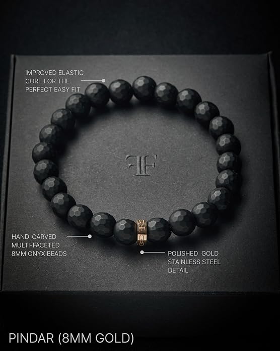 Forge & Foundry Faceted Matte Black Onyx Stone Beaded Bracelet | Custom Signature Stainless Steel Bead | ‘Pindar’ | 8mm and 10mm Bead Desgins | Refined Hand-Crafted Jewelry