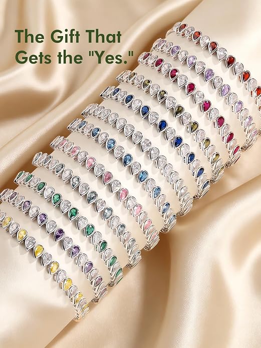 Birthstone Tennis Bracelet for Women 925 Sterling Silver Pear Shaped Gemstone Inlaid White Gold Plated Adjustable Chain Gifts for Mom Wife