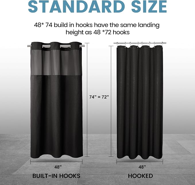 EUTXL Heavyweight Stall No Hook Shower Curtain with Snap in Liner,256GSM Waffle Weave Shower Curtains for Bathroom,48W x 74H,Black
