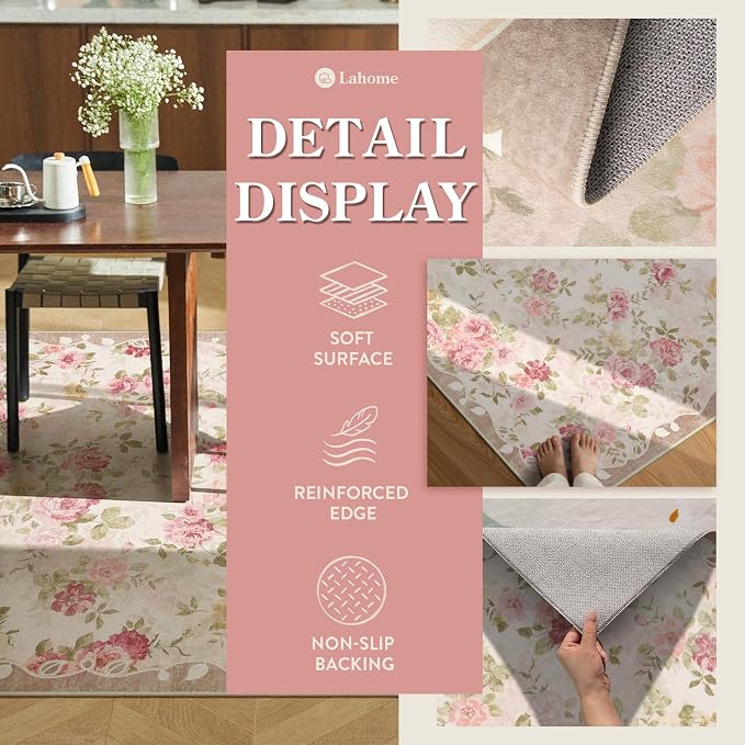 Lahome Floral Pink Bathroom Rug Runners for Hallways Non Slip, 2x6 Washable Kitchen Runner Rug, Soft Boho Throw Carpet for Girls Bedside Bedroom Laundry Nina Beige/Pink/Multi
