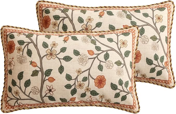 ISAENNE Designer Elegant Linen Throw Pillow Cover,Set of 2,20"x12"-Flora A | French Rectangle Decor Pillow Cover,Concealed Zipper Design,Floral Pattern,Sofa,Bedroom,Living Room,Lounge Chairs