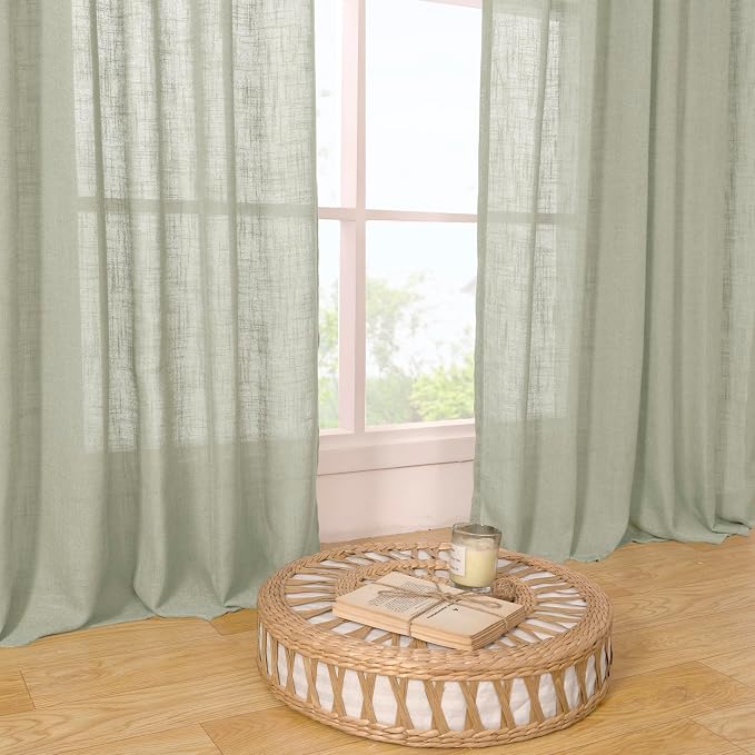LAMIT 40 Inch Length Linen Curtains for Small Windows, Semi Sheer Light Filtering Panels Back Tab and Rod Pocket Neutral Drapes for Basement/Window/Loft Room, Sage Grey, 2 Panels, 34 x 40 Inch