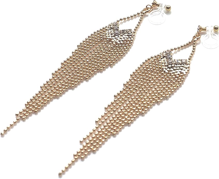Dangle Silver Invisible Clip On Earrings for Women Not Pierced Gold Crystal Rhinestone Comfortable Hoop Fringe Long Chain Clip On Earrings