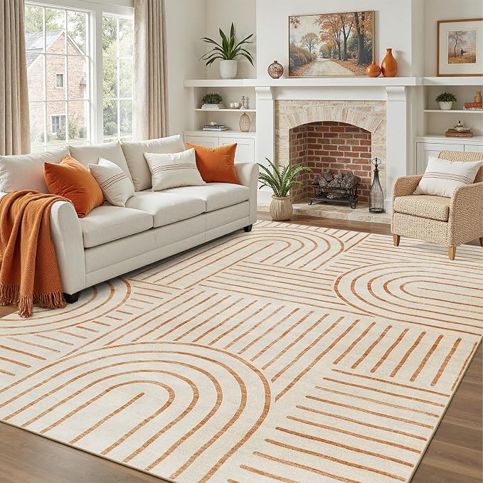 DCX Beige Machine Washable Area Rug 9x12, Midcentury Modern Non Slip Stain Resistant Rug 9x12 for Living Room, Playroom, Dining Room, Soft Low Pile Large Carpet