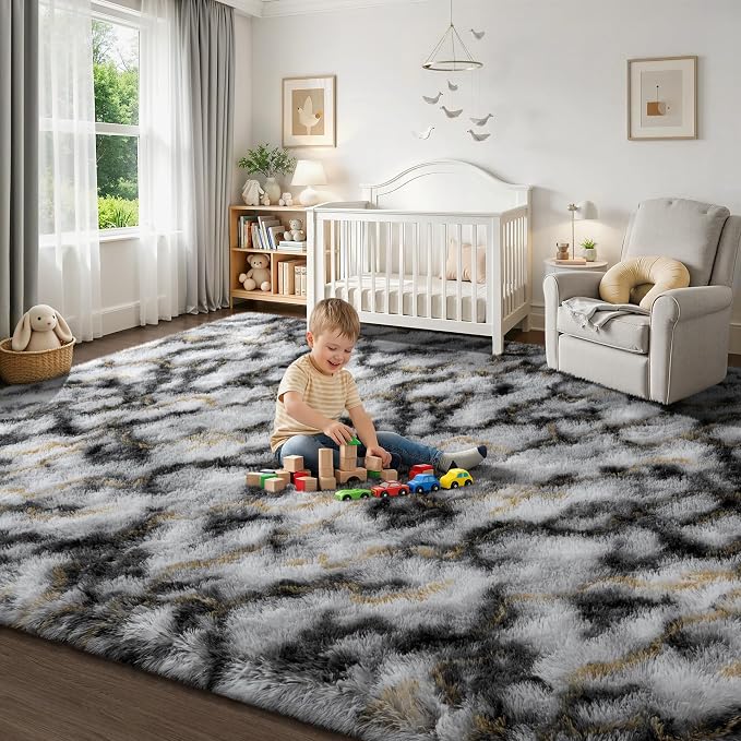 Deerhoo Large Shag Area Rugs 6 x 9, Tie-Dyed Plush Fuzzy Rugs for Living Room, Ultra Soft Fluffy Furry Rugs for Bedroom, Anti-Skid Indoor Carpet Nursery Rugs for Kids Room Home Decor, Black white gold