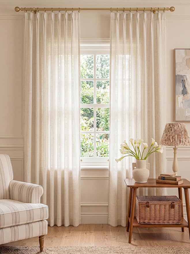 Liz Pinch Pleated Linen Curtains 72 Inches Long - Light Filtering Curtains for Living Room, Semi Sheer Window Curtains for Bedroom, Luxury Pinch Pleated Drapes with Hooks, Natural, 2 Panels Set