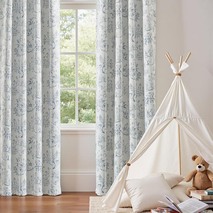 jinchan Blue Blackout Curtains W38xL84 Whimsical Back Tab 2 Panels | Room darkening,nursery kids bedroom,privacy,whimsical,cottagecore,bunny pattern,botanical,nature-inspired decor