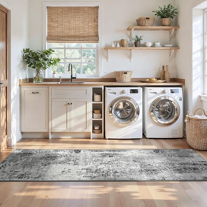 2x12 Grey Rug Runners for Hallways Kitchen Runner Rug Non Slip Washable Black Long Runner Rugs with Rubber Backing Soft Abstract Carpet Runner for Bedroom, Kitchen, Bathroom, Entryway