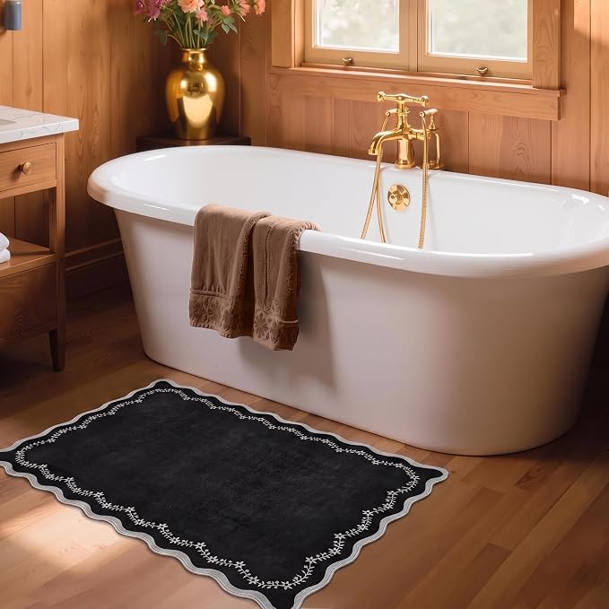 GarveeHome Scalloped Entryway Rug 2x3 Black Washable Front Door Entry Rug | Indoor Entrance Carpet Non-Slip Low Pile Throw Rugs for Kitchen Floor, Powder Room, Entry, Bathroom, Kids Room