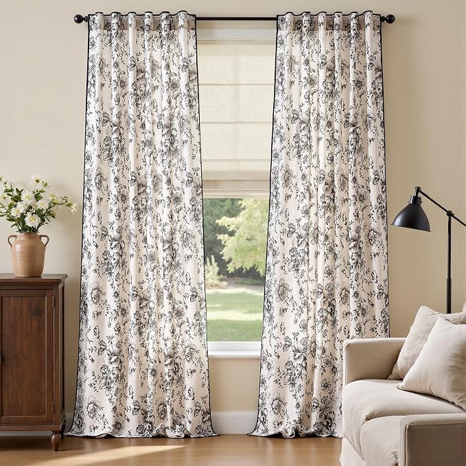 jinchan Floral Linen Curtains with Black Trim 96 Inch Back Tab 2 Panels | Light filtering drapes, semi sheer, french country, farmhouse, vintage, living room, bedroom, rod pocket, window treatment