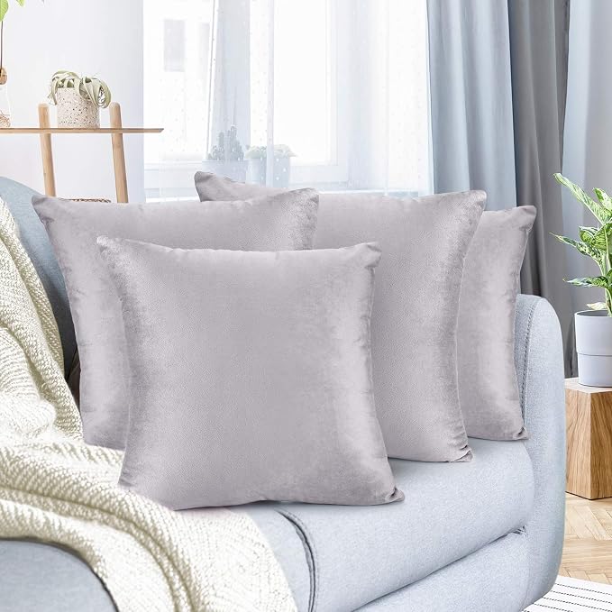 Nestl Throw Pillow Covers, Cozy Velvet Decorative Outdoor Pillow Covers 20X20 Inches, Soft Solid Cushion Covers for Sofa, Bed and Car, Set of 4 - Light Gray Lavender