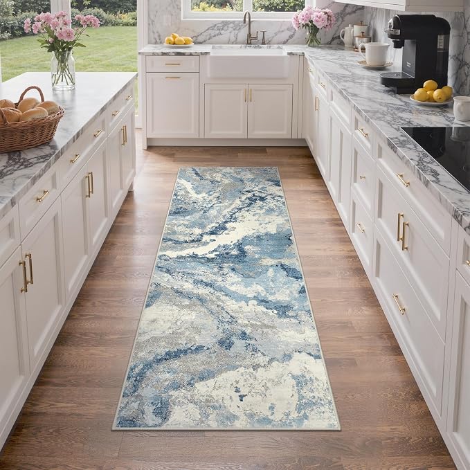 GENIMO Runner Rug Non Slip 2x6, Washable Rug Runner for Hallways Kitchen, Abstract Modern Kitchen Rugs, Low Pile Lightweight Carpet Runners for Entryway, Bedroom, Laundry, Blue Grey