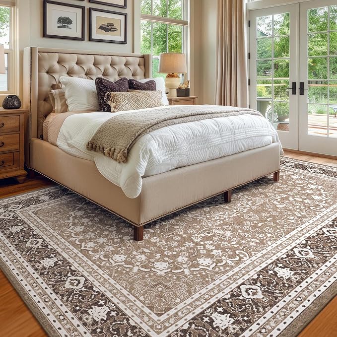 Lessymo 6 x 9 Area Rugs for Living Room, Machine Washable Area Rugs Boho Faux Wool Low Pile Area Rug for Bedroom, Floral Medallion Vintage Rugs with Non-Slip Rubber, Kid & Pet Friendly,Brown White