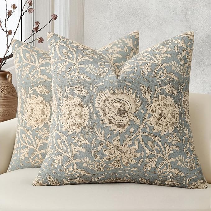 Vintage Floral Print Throw Pillow Covers 22x22 Set of 2 Neutral Modern Farmhouse Pillowcases Accent Decorative Cushion Covers Boho Home Decor for Couch Sofa Chair Bed Living Room, Sky Blue
