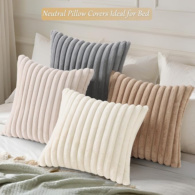 decorUhome Fall Faux Fur Throw Pillow Covers 18x18 Set of 4 Khaki/Beige | Decorative Modern Farmhouse Soft Cozy Striped Pillow Cases Velvet Back for Sofa Bed Living Room Classic Accent Home Decor