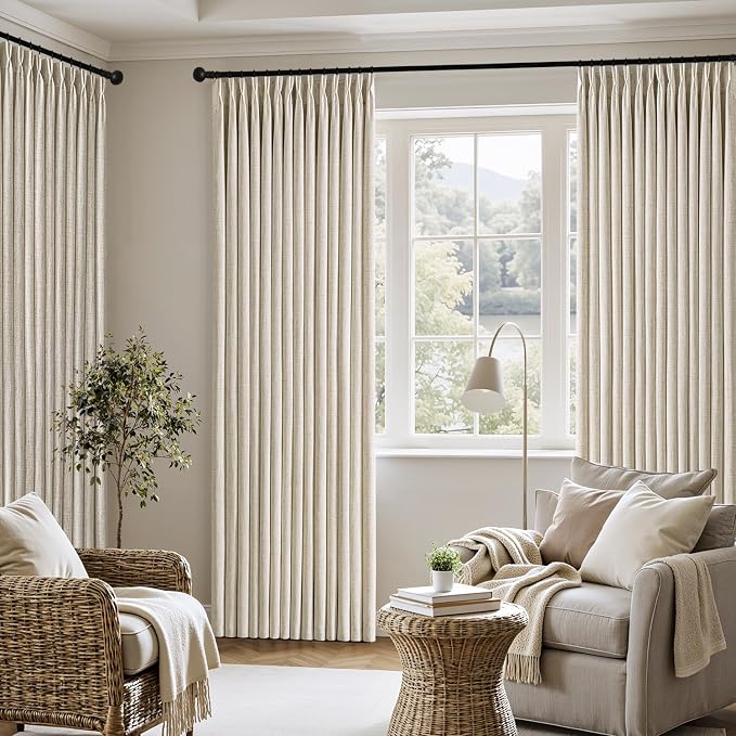MIULEE Pinch Pleated Thick Linen Curtains 96 Inch 4 Panels Set Back Tab Memory Trained Pinch Pleat Semi Sheer Light Filtering Privacy Curtain Let Light in Window Drapes for Living Room Bedroom Oatmeal