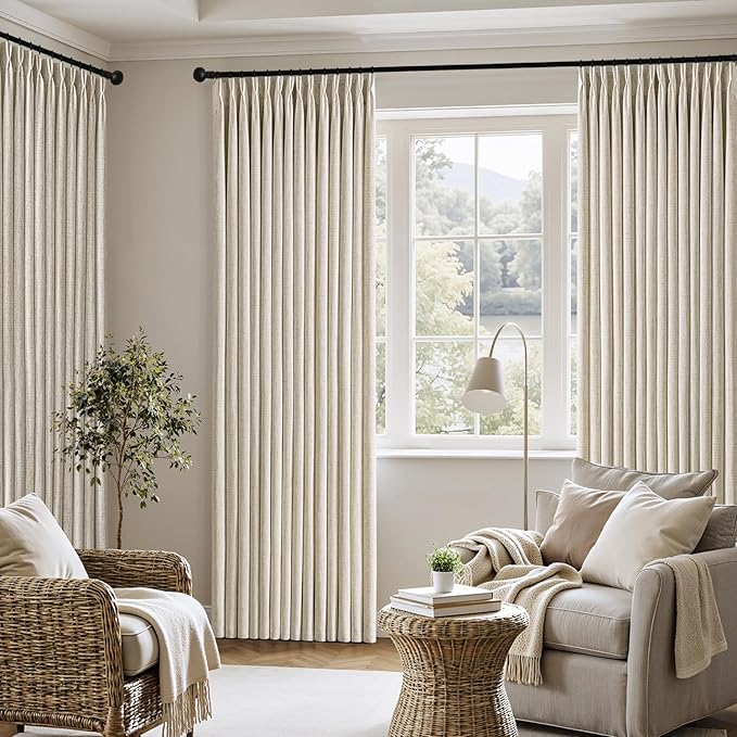 MIULEE Pinch Pleated Thick Linen Curtains 102 Inch 4 Panels Set Back Tab Memory Trained Pinch Pleat Semi Sheer Light Filtering Privacy Curtain Let Light in Window Drape for Living Room Bedroom Oatmeal
