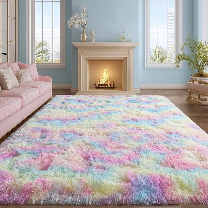 qulint 8x10 Colorful Rug for Bedroom, Fluffy Soft Large Living Room Rug | Fuzzy Kids Room Rug for Girl, Plush Shag Modern Rainbow Carpet for Dorm Playroom Classroom Home Decor