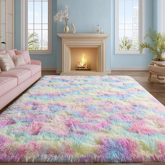 qulint 9x12 Area Rug for Bedroom, Large Soft Shaggy Rugs for Living Room | Fluffy Plush Rainbow Rug, Modern Colorful Carpet for Nursery Kids Room Dorm Classroom Home Decor Aesthetic