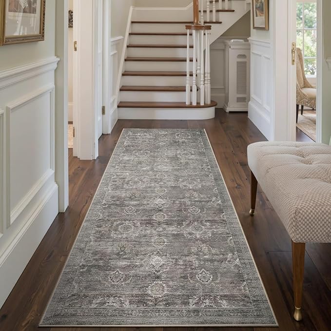 Rugxara 2x6 Washable Runner Rug for Hallway Kitchen Entryway, Taupe/Grey | Non Slip, Runner Rug for Bedroom Laundry Room Bathroom, Stain Resistant, Soft, Low Pile, Vintage Boho Retro Carpet