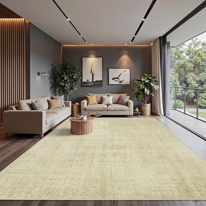 Joydeco Washable 10x14 Area Rug for Living Room Bedroom, Boho Abstract Beige Dining Room Rug Non Slip, Soft Neutral Classic Indoor Throw Carpet for Playroom Dorm Classroom Office Guest Room