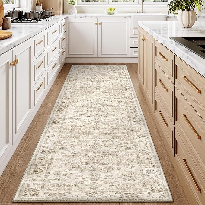 3x10 Beige Neutral Runner Rug | Washable, Non Slip, Soft Low Pile, Vintage Farmhouse, for Hallway Kitchen Laundry Bathroom Bedroom Living Room Home Decor