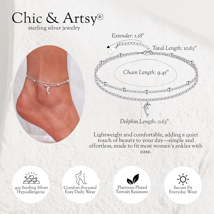 CHIC & ARTSY 925 Sterling Silver Ankle Bracelets for Women, Adjustable Layered Foot Chains with Nature & Symbol Charms, Lightweight Comfort Fit Boho Beach Everyday Jewelry