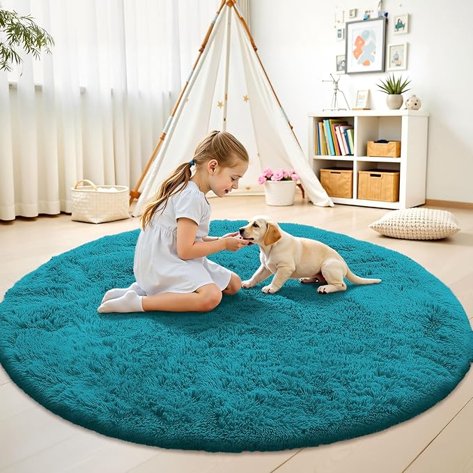 OLANLY Teal Round Rugs for Bedroom - Machine Washable, 7 ft Circle Area Rugs for Living Room, Soft and Fluffy Shaggy Carpet for Teen Girl and Boys, Nursery Rooms, Dorms, Home Decor Aesthetic