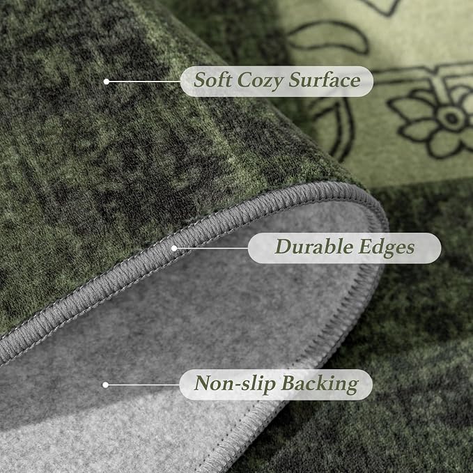 LIANLAM 2x6 Washable Runner Rug for Hallway&Kitchen,Non-Slip Long Carpet with Vintage Boho Checkered Design,Ultra-Thin Low Pile,Stain Resistant Easy Clean Floor Mat for High Traffic Areas(2x6,Green)