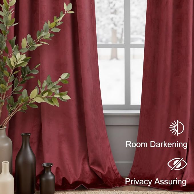 Dark Red Velvet Curtains 96 Inches Long 2 Panels for Living Room Darkening Thermal Soundproof Thick Heavy Solid Textured Drapes for Master Bedroom Patio Door Doorway Room Dividers Decoration Burgundy