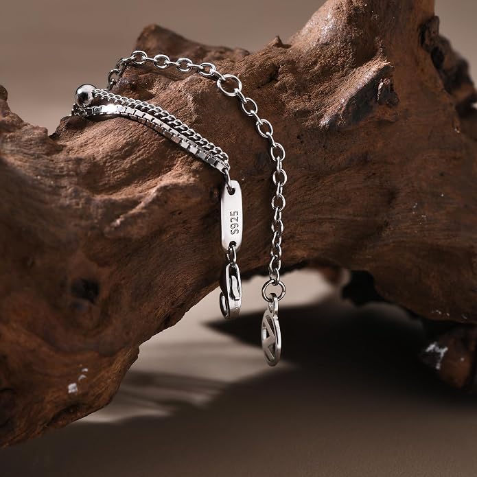 NOKMIT Solid 925 Sterling Silver Bracelets for Women, Dainty Interlocking Circles Cubic Zirconia Adjustable Chain Bracelet, Trendy Stackable Link Bracelets, Simple Cute Jewelry Gifts