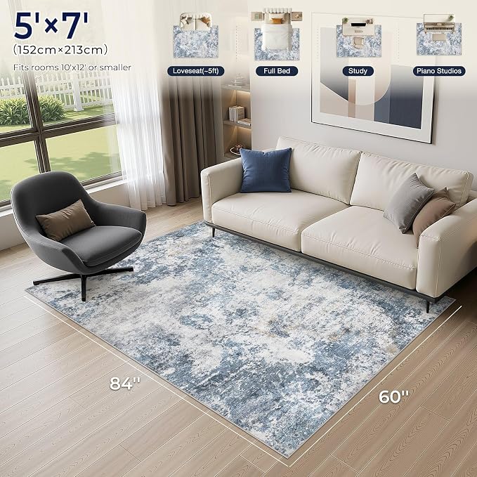 DMOYEST 5x7 Area Rug - Washable & Non Slip Indoor Rug for Living Room, Kid & Pet Friendly Abstract Low Pile Soft Carpet for Bedroom and Dining Room - Blue