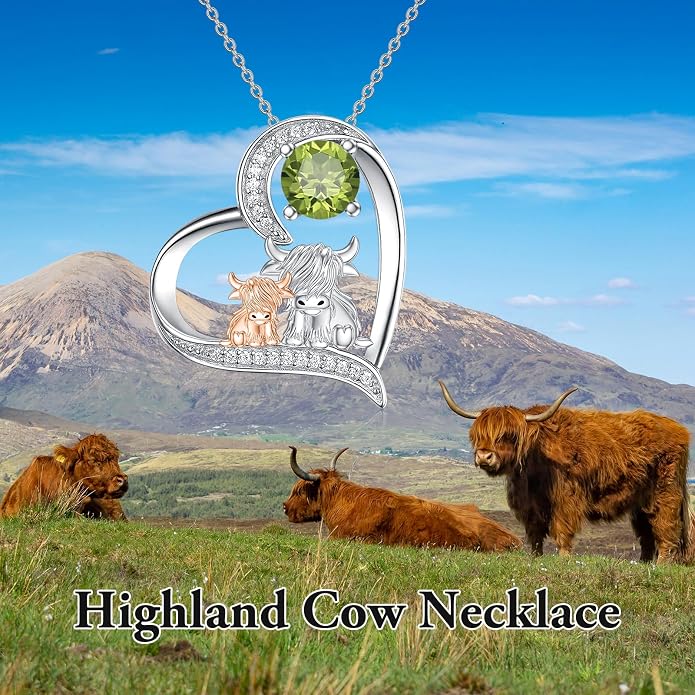 Highland Cow Gifts for Women 925 Sterling Silver Highland Cow Birthstone Necklace Fluffy Cow Jewelry Gifts Birthday Christmas