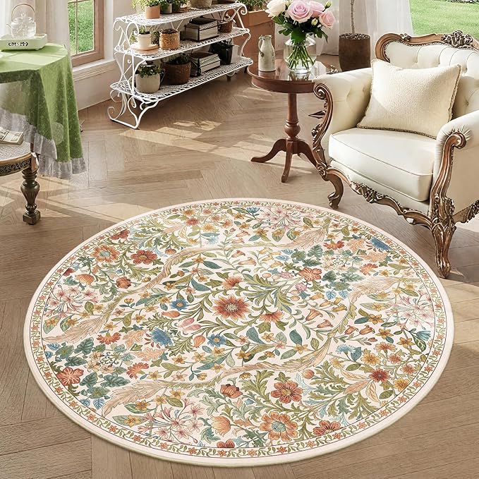 Round Rug 4ft Colorful Beige Washable Floral Circle Rug,Vintage Boho Botanical Round Area Rugs, Non-Slip Soft Low-Pile Circular Carpet for Bedroom,Kids Room,College Dorm,Home Decor