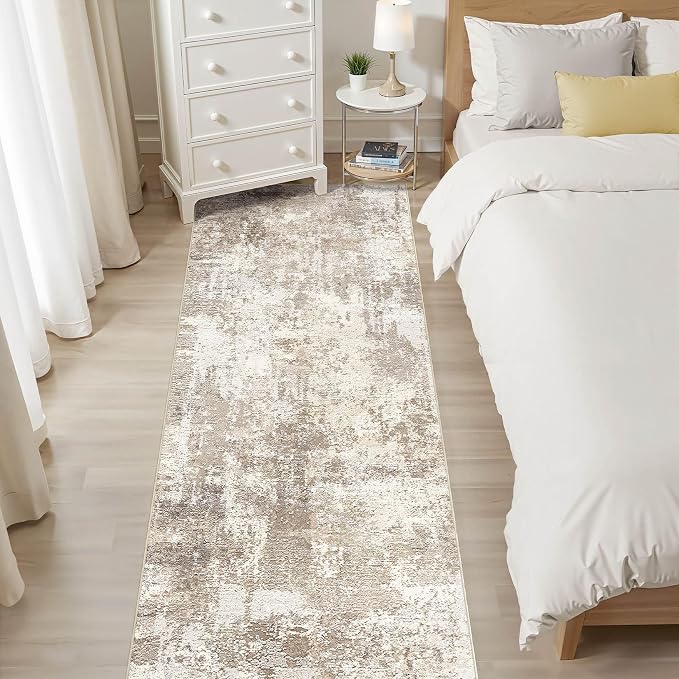 Runner Rug Kitchen Washable Rugs: 3x8 Non-Slip Abstract Soft Modern Stain Resistant Indoor Floor Neutral Accent Throw Carpet for Hallway Bathroom Laundry Room Entryway Bedroom- Beige Brown
