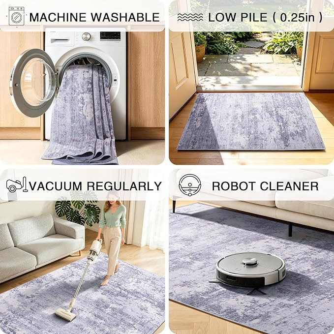 4x6 Area Rugs Living Room Rug Abstract Washable Rug Non-Slip Soft Low Pile Indoor Floor Stain Resistant Thin Carpet for Bedroom Dining Room Home Office Farmhouse Nursery - Light Gray & Cream 4' x 6'