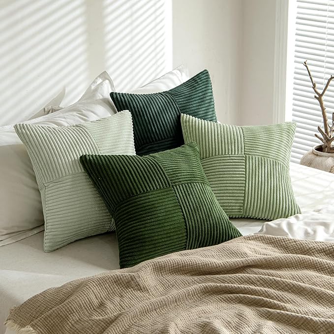 MIULEE Spring Green Decorative Throw Pillow Covers 18x18 Inch Set of 4 Boho Farmhouse Cushion Covers Mordern Nordic Pillow Cases Soft Corduroy Gradient Home Decor for Couch Sofa Living Room Bed