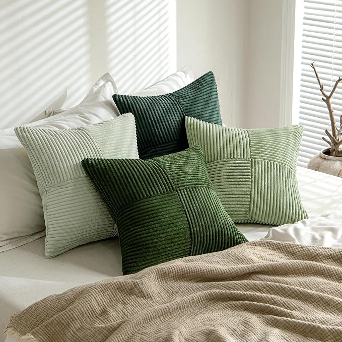 MIULEE Spring Green Decorative Throw Pillow Covers 16x16 Inch Set of 4 Boho Farmhouse Cushion Covers Mordern Nordic Pillow Cases Soft Corduroy Gradient Home Decor for Couch Sofa Living Room Bed