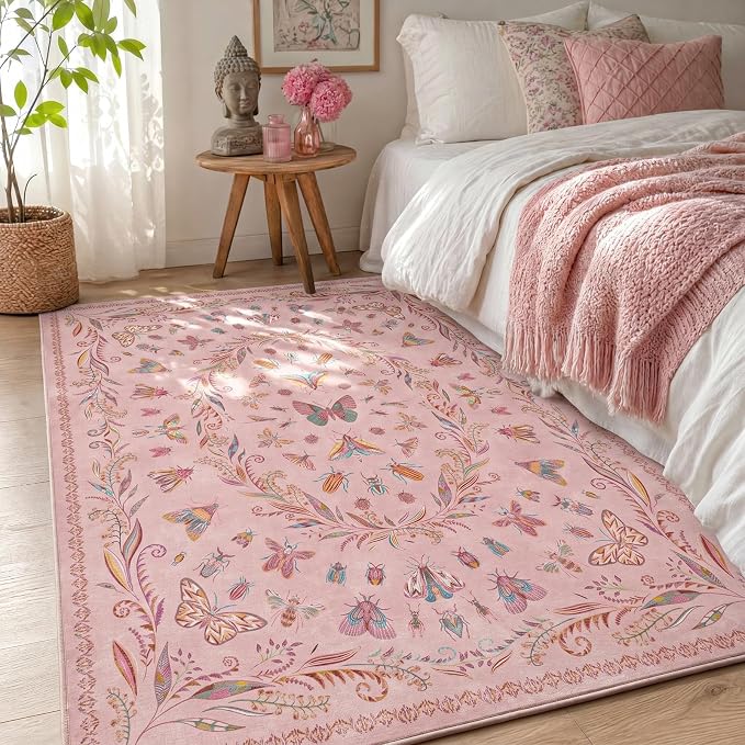 Floral 4x6 Rugs for Small Living Room - Beige and Yellow Pastel, Low Pile Non Slip Stain Resistant Throw Rug for Under Bed, Large Entryway, Kitchen, Floor Carpet Aesthetic Kids