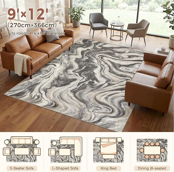 DMOYEST 9x12 Area Rug for Living Room:Washable Modern Neutral Abstract Rug with Low Pile Non Slip Soft Thin Large Indoor Carpet for Bedroom Dining Room Home Office Decor-Ash Grey