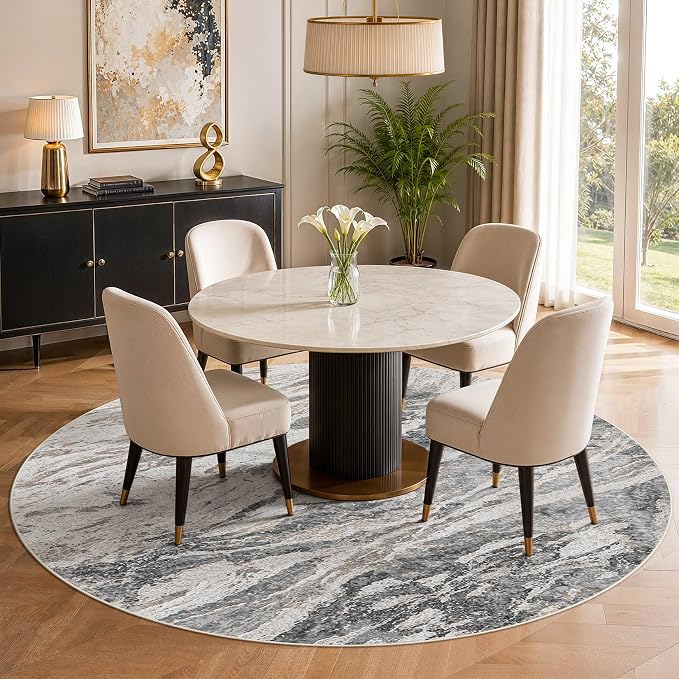 Area Rugs for Living Room: 10ft Round Abstract Washable Rug Modern Neutral Large Soft Stain Resistant Non-Slip for Bedroom Dining Room Indoor Home Office Carpet - Tapue