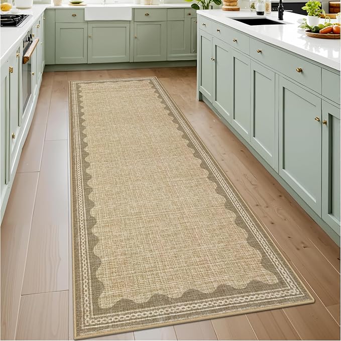 GarveeHome Scalloped 2x10 Runner Rug for Hallway Washable Kitchen Rugs Non Slip Solid Tan Jute Digital Printing Modern Soft Low-Pile Rugs for Entryway Laundry Room Floor Mats