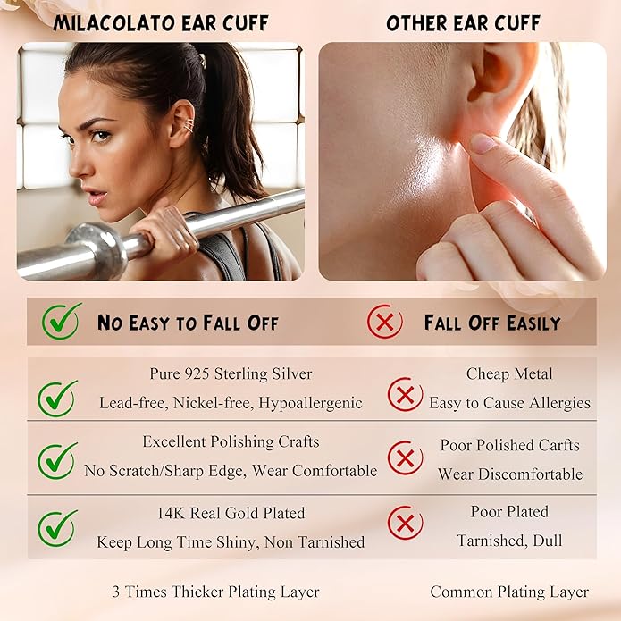 MILACOLATO 925 Sterling Silver Ear Cuffs for Women - 14K Gold Plated Adjustable Ear Cuffs Non Piercing Earrings for Women Trendy Cubic Zirconia Clip On Cartilage Conch Earrings for Non Pierced Ears Fake Earrings Set Hypoallergenic