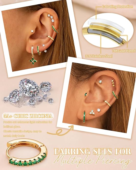 MILACOLATO Hypoallergenic Flat Back Earrings 14K Gold Plated Cartilage Earring Sets for Multiple Piercing 20G Surgical Stainless Steel Earrings for Women Trendy Earring Stacks Small Hoop Flatback Stud Earrings