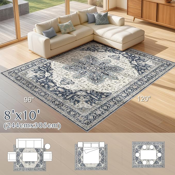 Tortania Area Rug Living Room Rugs - 8x10 Washable Boho Rug Vintage Oriental Distressed Farmhouse Large Thin Indoor Carpet for Living Room Bedroom Under Dining Table Home Office - Indigo