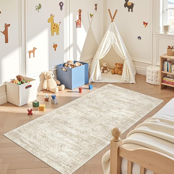 3x6 Runner Rug Non Slip,Washable Hallway Runner Rug,Beige | Neutral Rugs for Kitchen,Entryway,Bedroom,Bathroom,Nursery Room,Thin,Soft Runner Rug,Stain Resistant Indoor Carpet