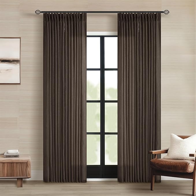 Dark Chocolate 84 Inch Pinch Pleated Semi Sheer Linen Curtains 2 Panels | for Living Room Bedroom, Memory Training Shaped, Light Filtering, Pinch Pleat Drapes with Hooks Rings, Window Curtains 40x84