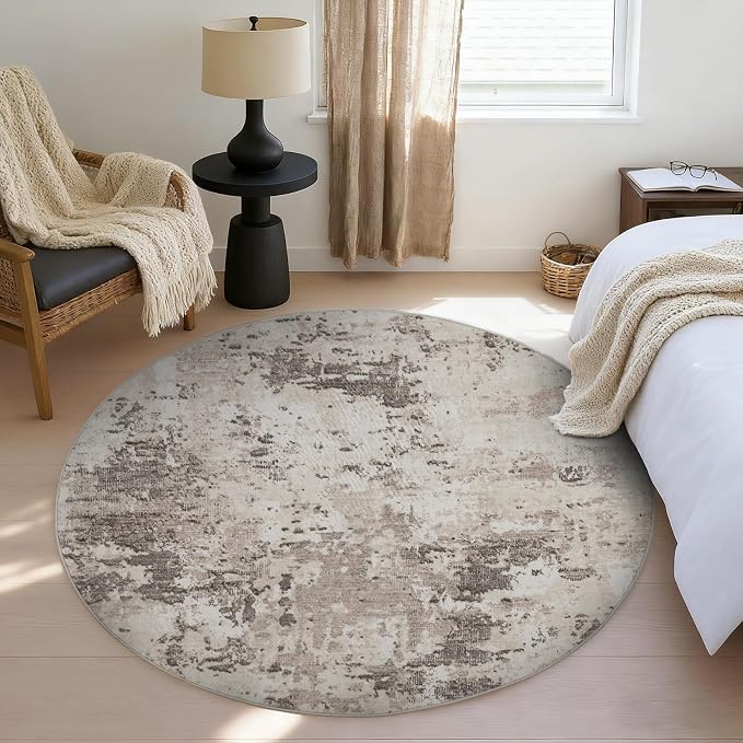 ROYHOME Modern Abstract 4x4 Round Area Rug Non Slip Non Shedding Rug Low Pile Stain Resistant for Bedroom Living Room Office Dining Room,Brown Grey