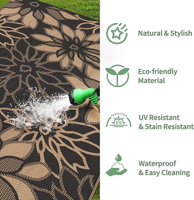GENIMO Outdoor Rug, Waterproof Plastic Rugs 10'x14' for Camping Black | Outside Larger Leaf Carpet Mat for Patio Decor, RV, Porch, Camper, Deck, Picnic, Beach, Backyard, Reversible, Foldable